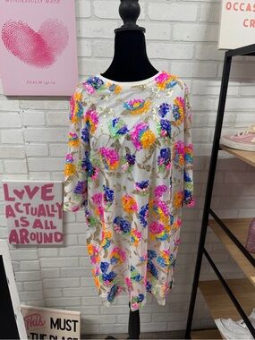 Impressions White Mini Dress with Multicolor Sequin Floral Embroidery